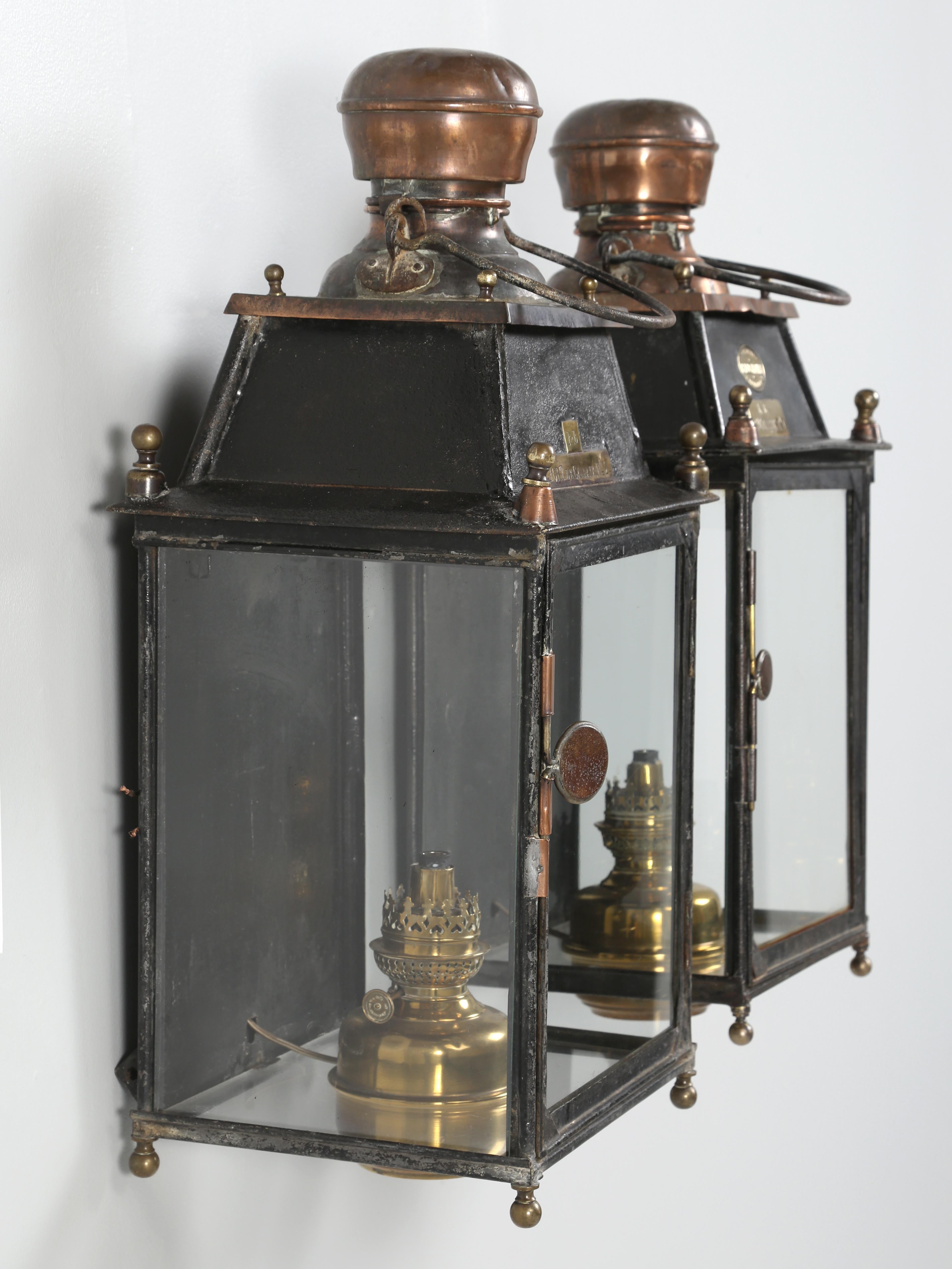 Country Near Pair of Antique H. Luchaire French Wall Sconces or Lanterns Electrified For Sale