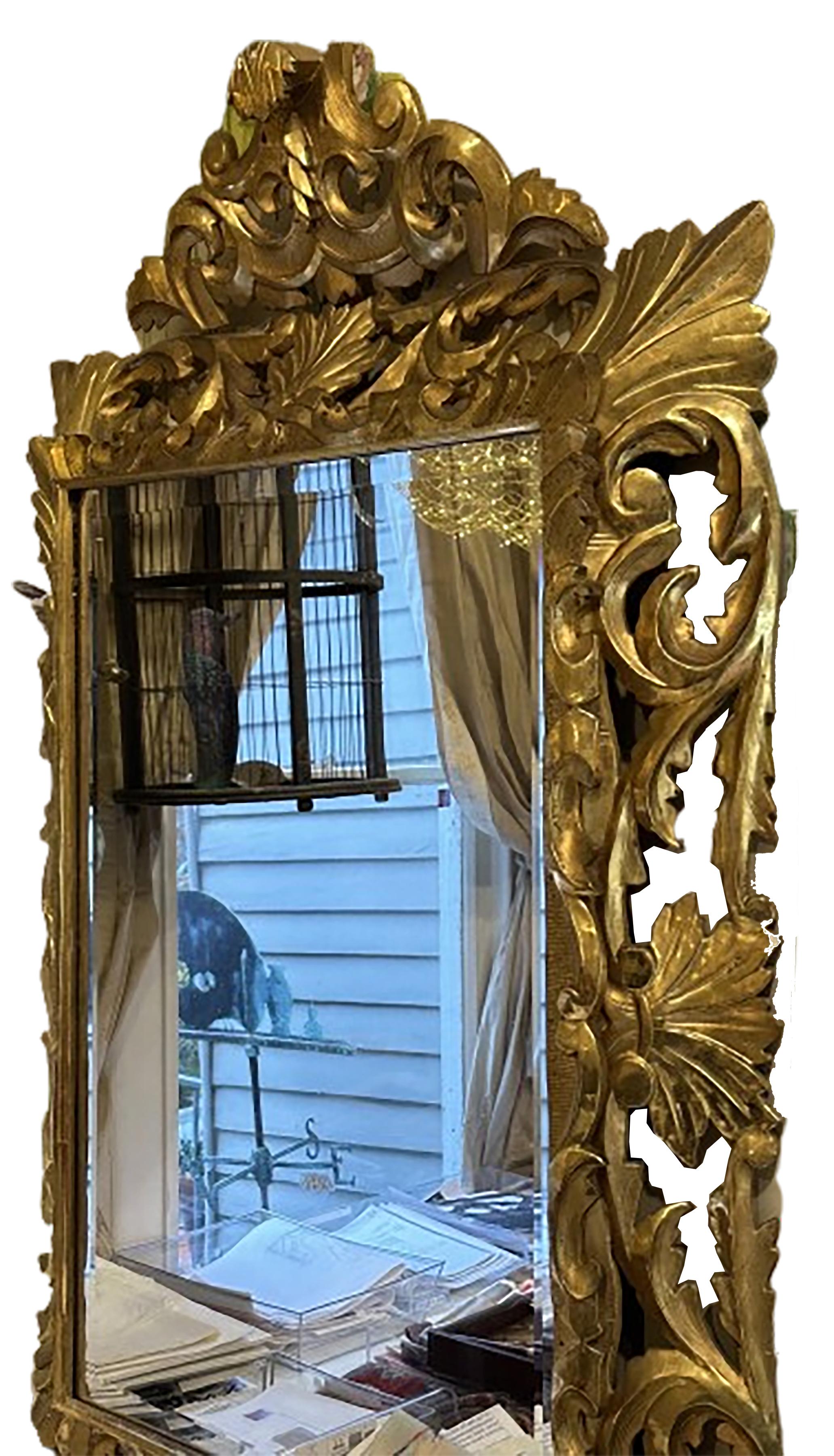 Giltwood Near Pair of Antique Italian Mercury Gilded Mirrors with Beveled Fan For Sale