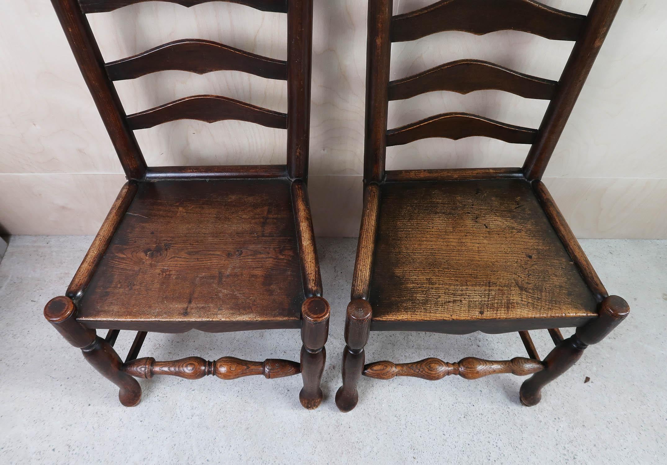 Polished Near Pair of Antique Welsh Country Ladder back Chairs. C.1800 For Sale