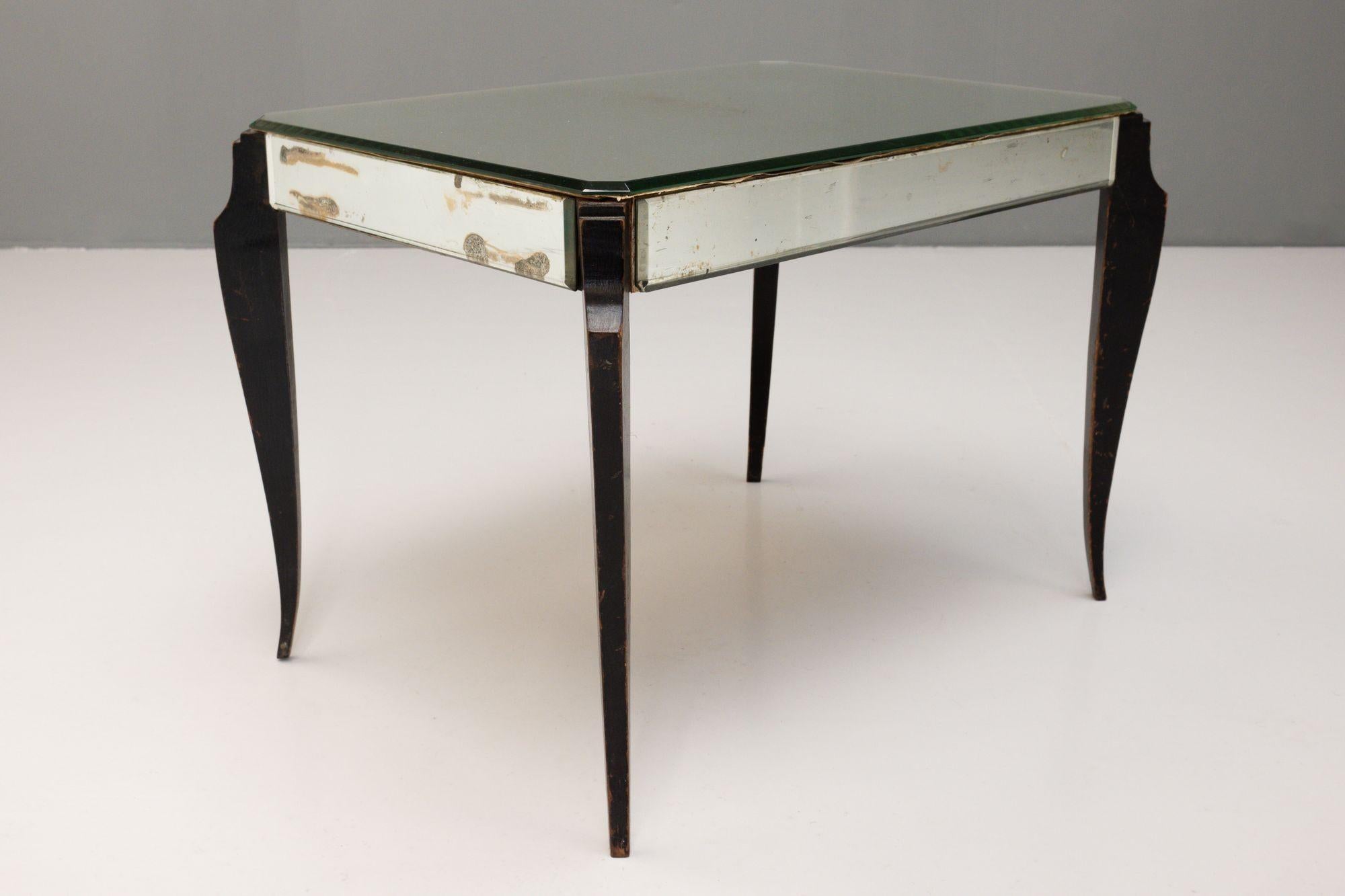 Near Pair of Art Deco Style Mirrored Side Tables with Ebonised Legs For Sale 8