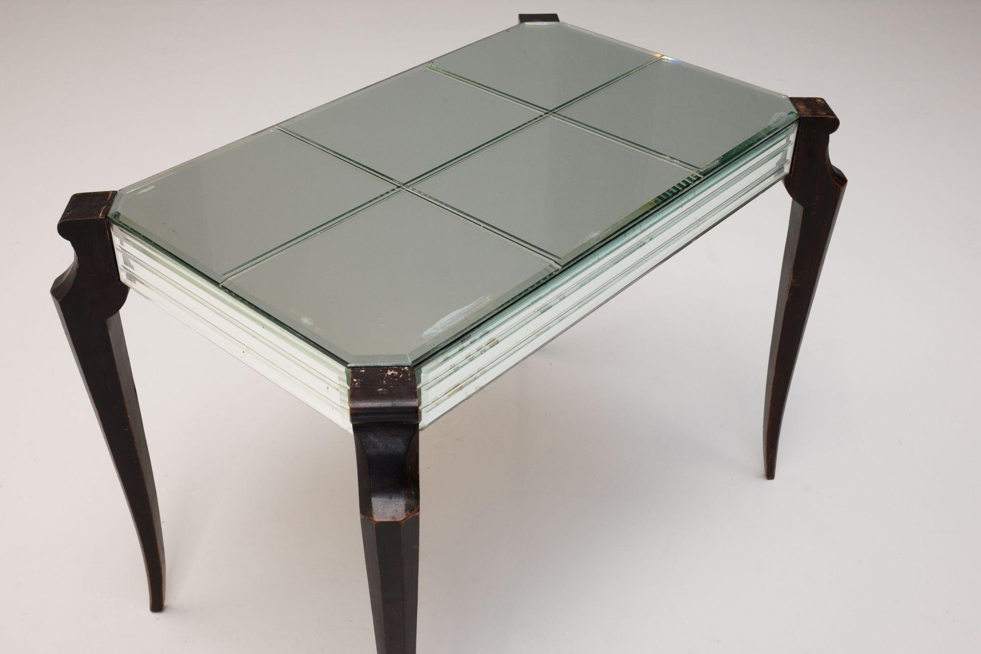Near Pair of Art Deco Style Mirrored Side Tables with Ebonised Legs For Sale 1