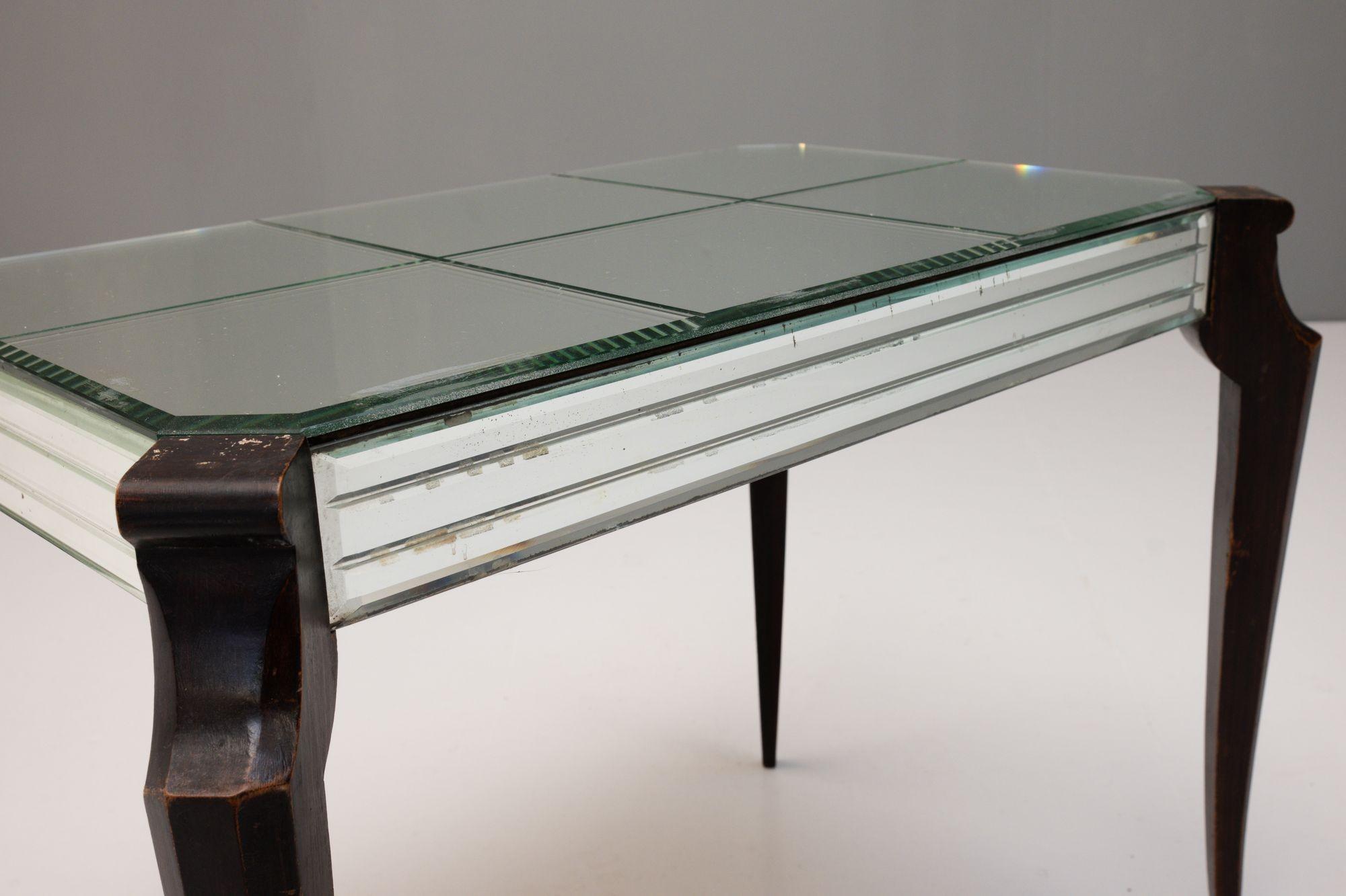 Near Pair of Art Deco Style Mirrored Side Tables with Ebonised Legs For Sale 2