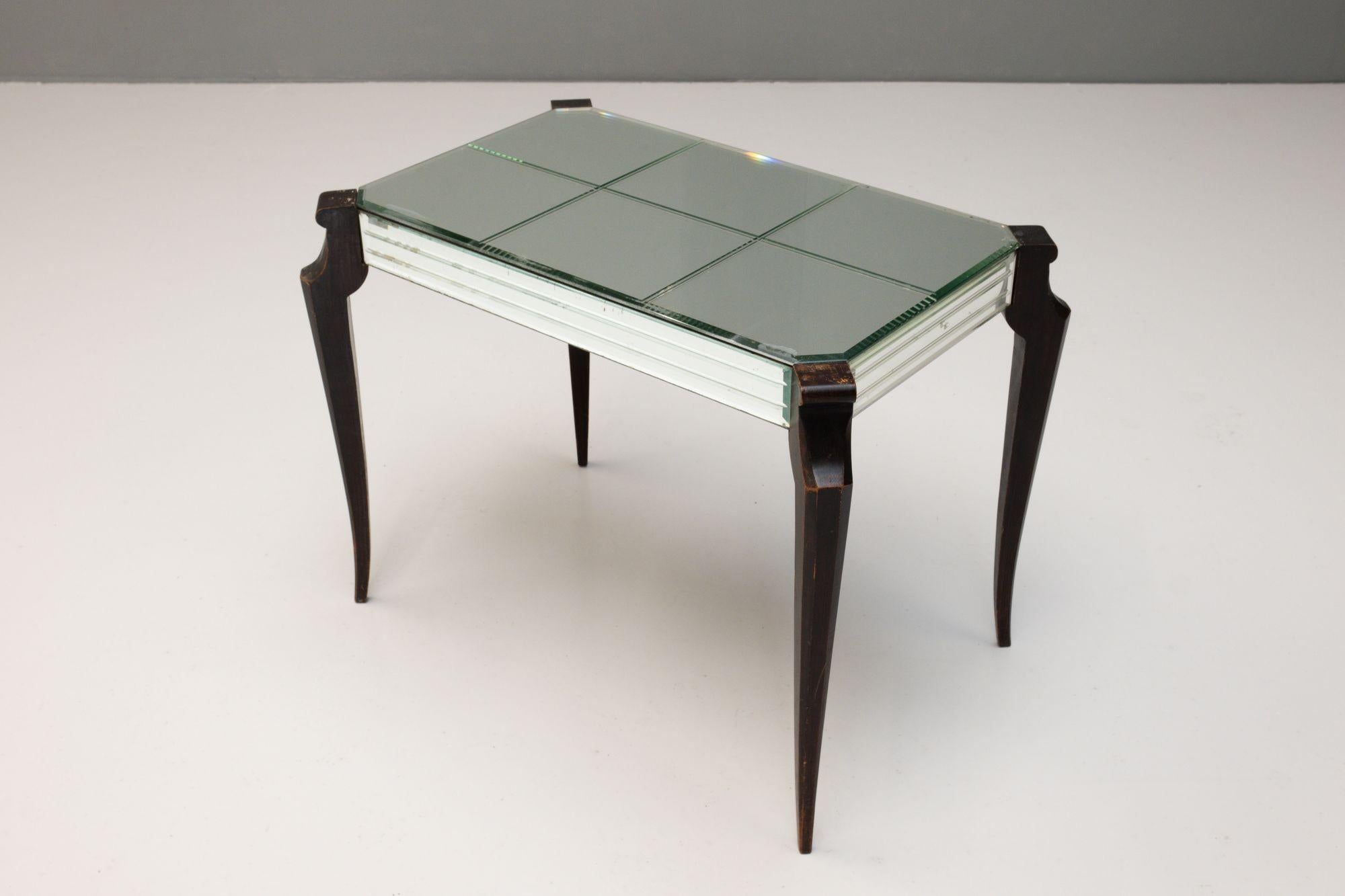 Near Pair of Art Deco Style Mirrored Side Tables with Ebonised Legs For Sale 4