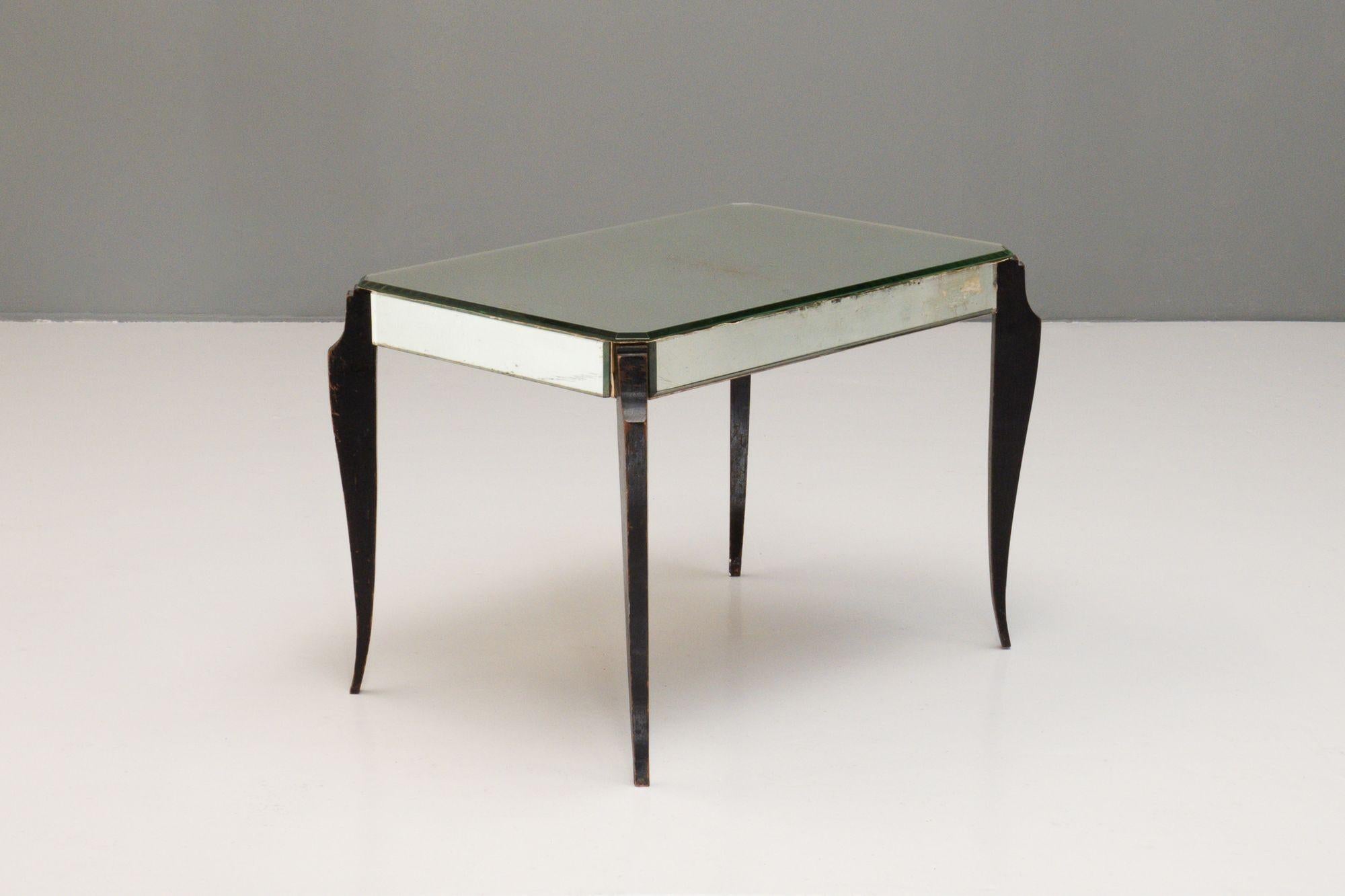 Near Pair of Art Deco Style Mirrored Side Tables with Ebonised Legs For Sale 5