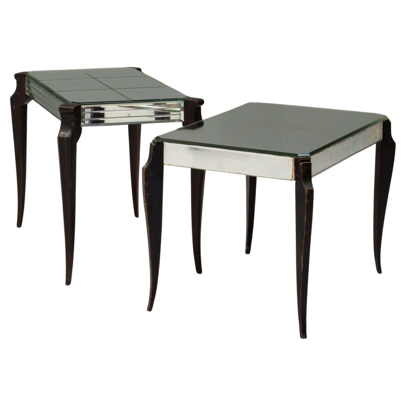 Near Pair of Art Deco Style Mirrored Side Tables with Ebonised Legs For Sale