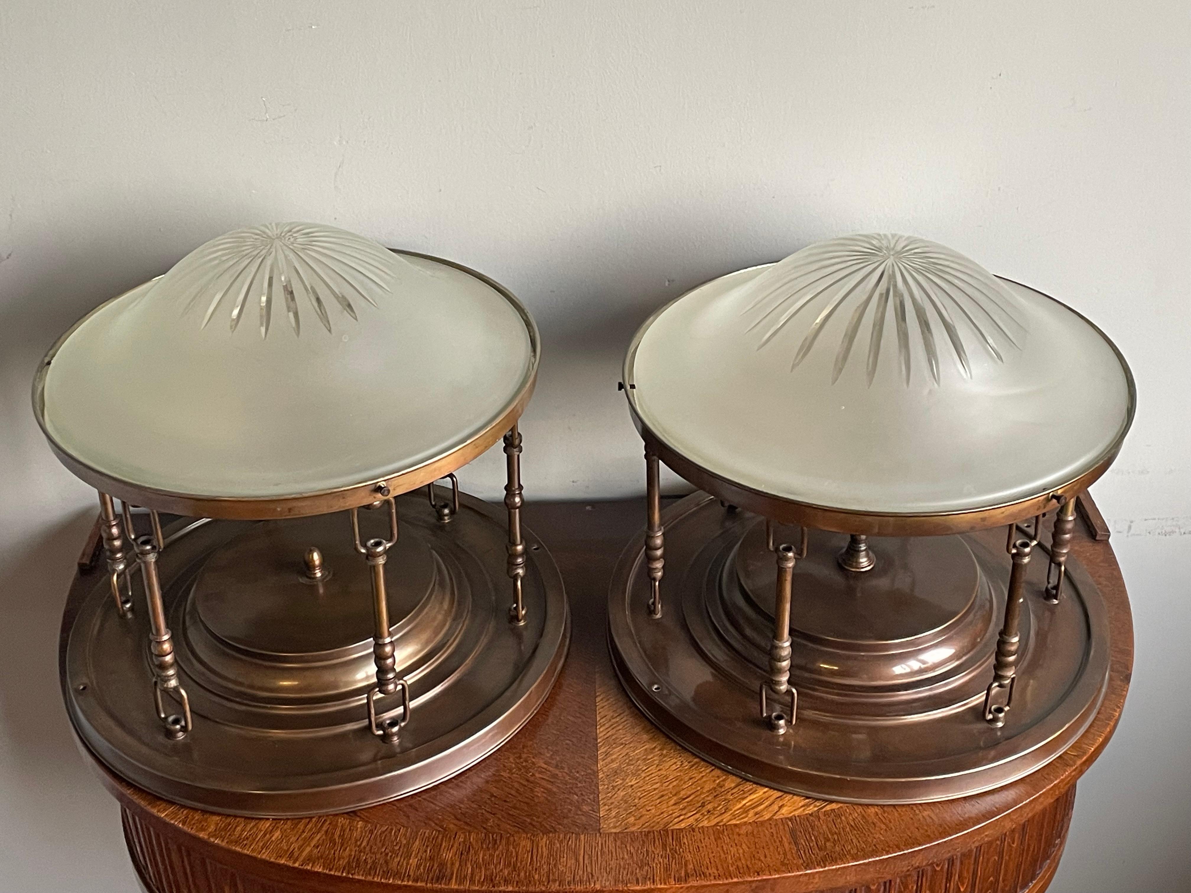 Near Pair of Arts & Crafts, Brass and Glass Shades Flush Mounts / Ceiling Lights For Sale 10