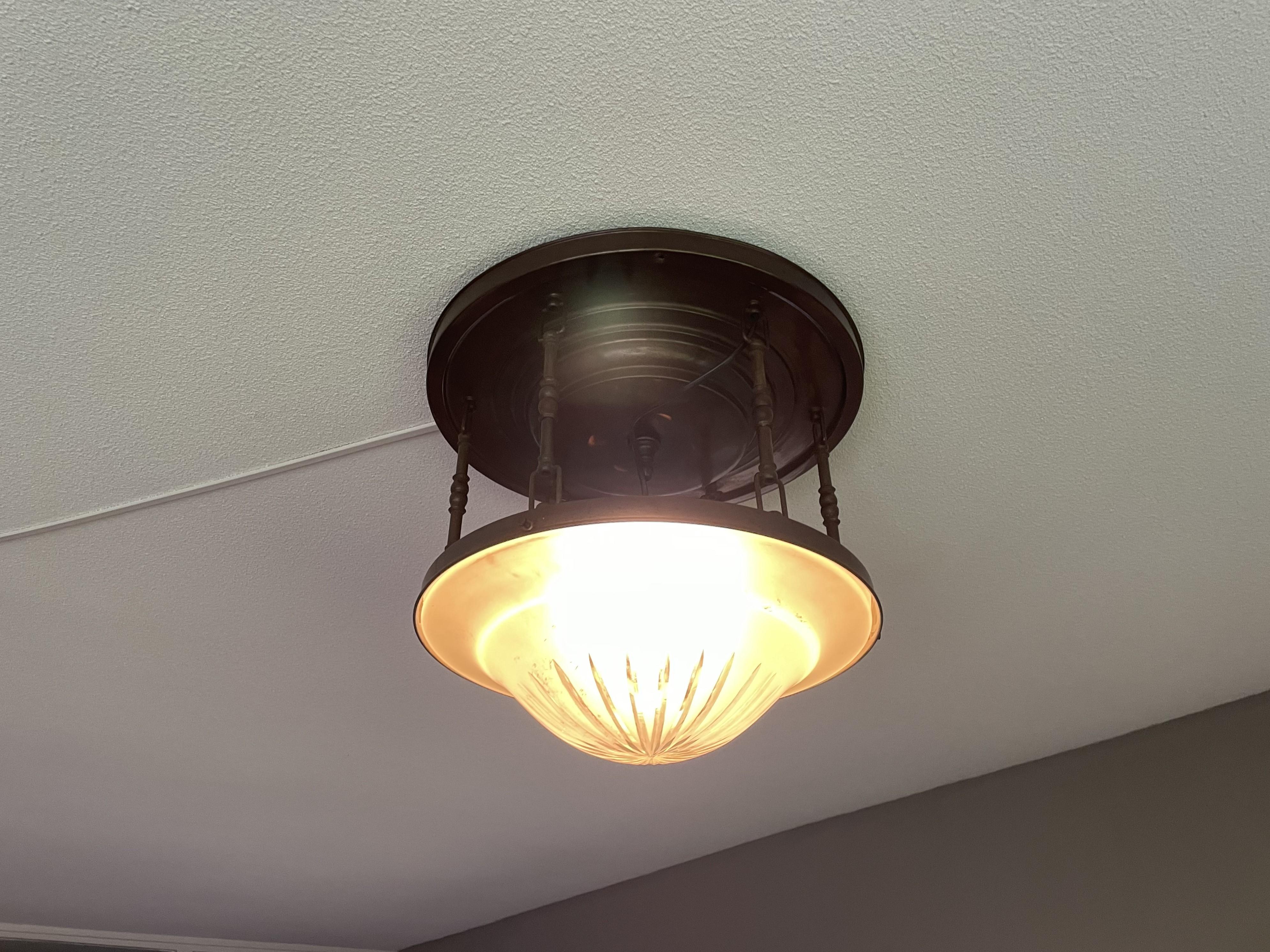 Near Pair of Arts & Crafts, Brass and Glass Shades Flush Mounts / Ceiling Lights en vente 12