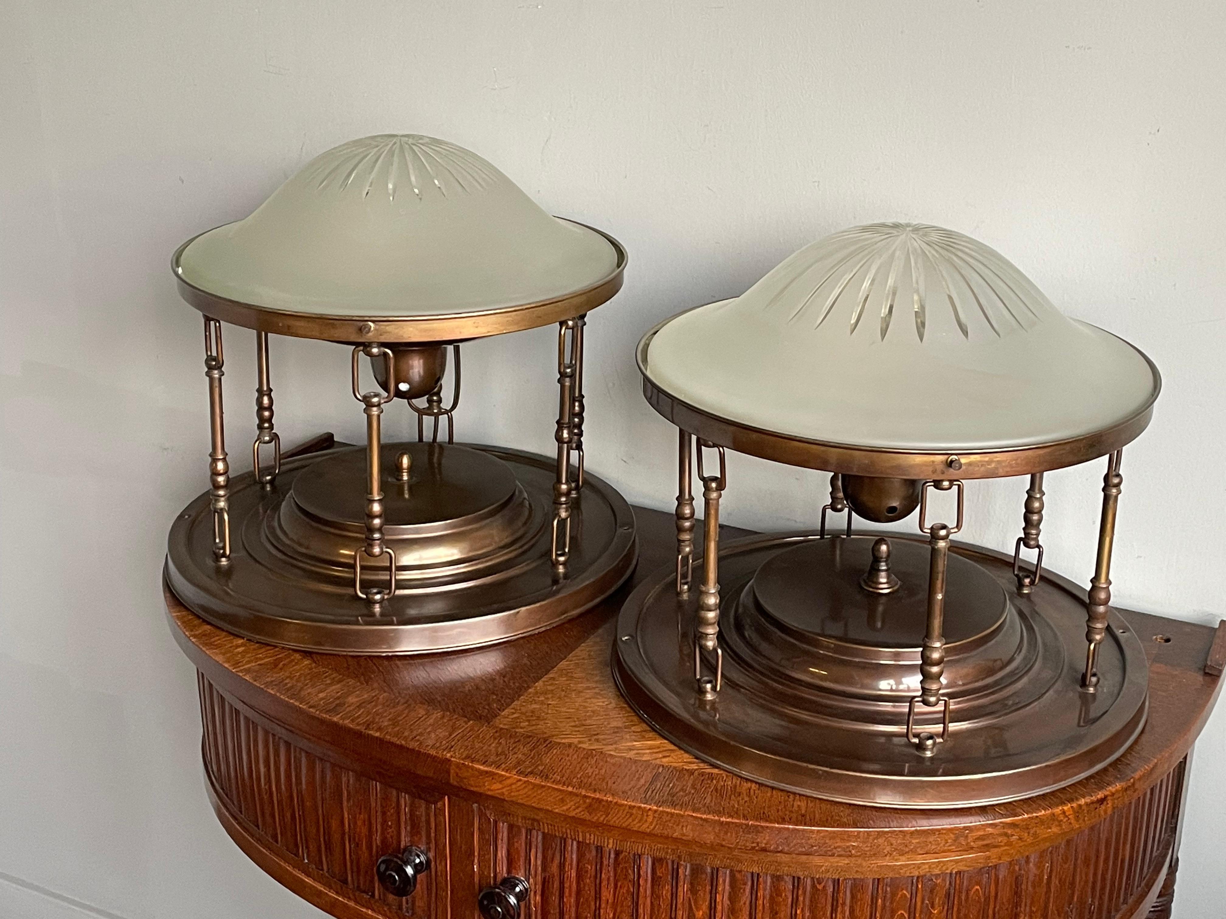 European Near Pair of Arts & Crafts, Brass and Glass Shades Flush Mounts / Ceiling Lights For Sale
