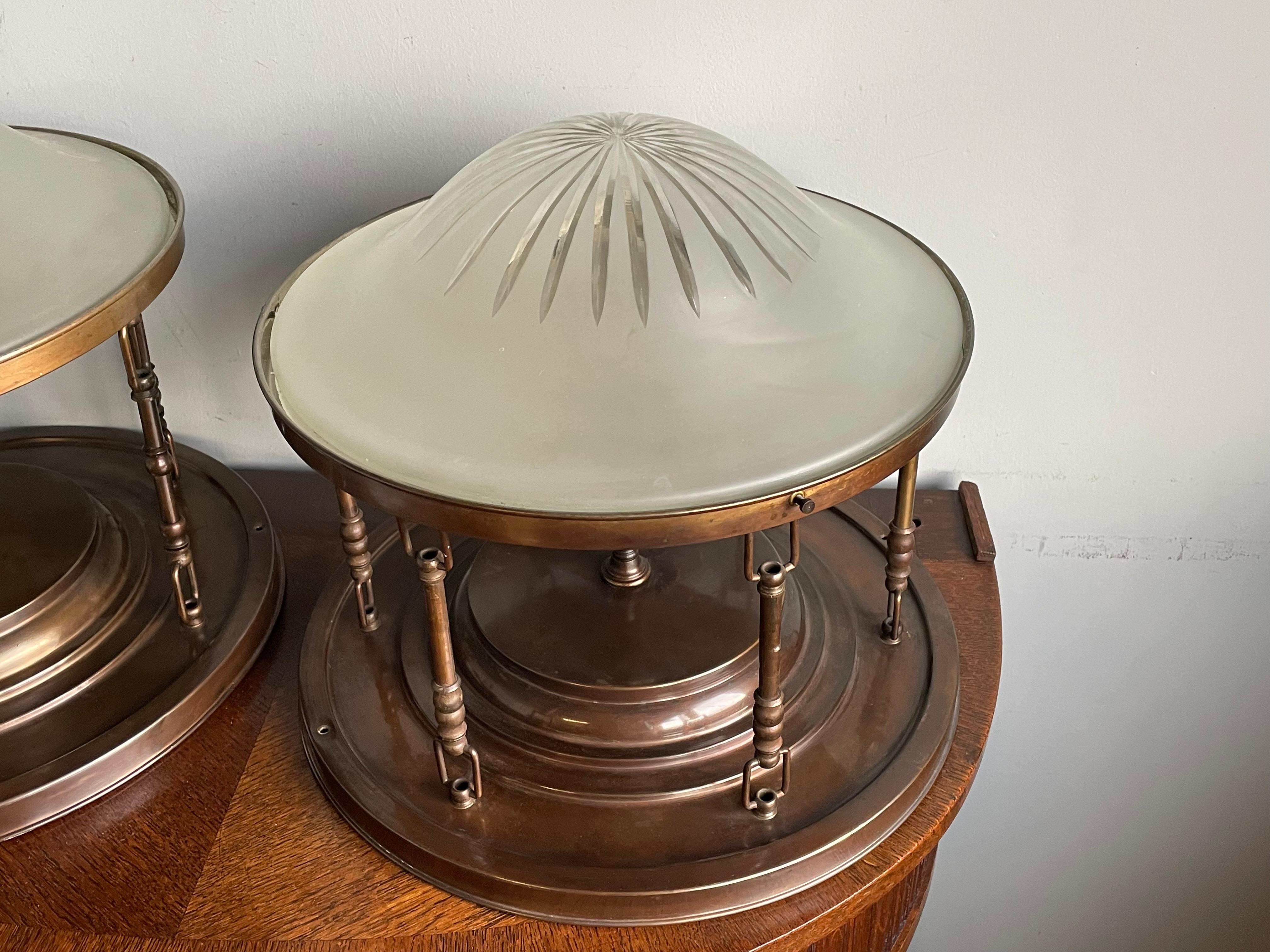 Near Pair of Arts & Crafts, Brass and Glass Shades Flush Mounts / Ceiling Lights In Good Condition For Sale In Lisse, NL