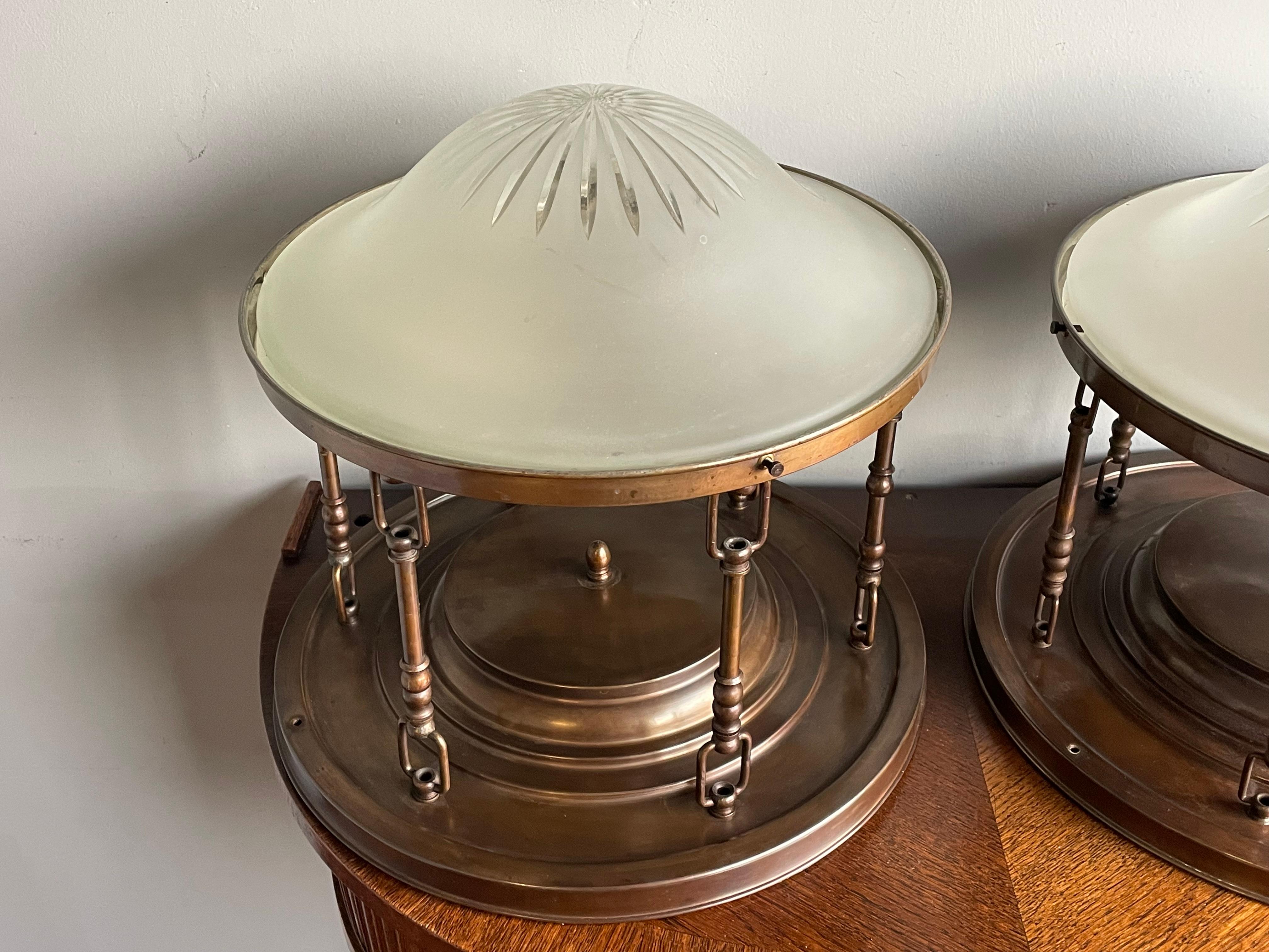 20ième siècle Near Pair of Arts & Crafts, Brass and Glass Shades Flush Mounts / Ceiling Lights en vente