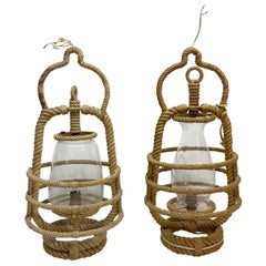 Near Pair of Audoux Minet Rope Pendant Lamps