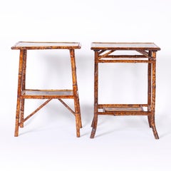 Near Pair of Bamboo End Tables with Big Cat Motif