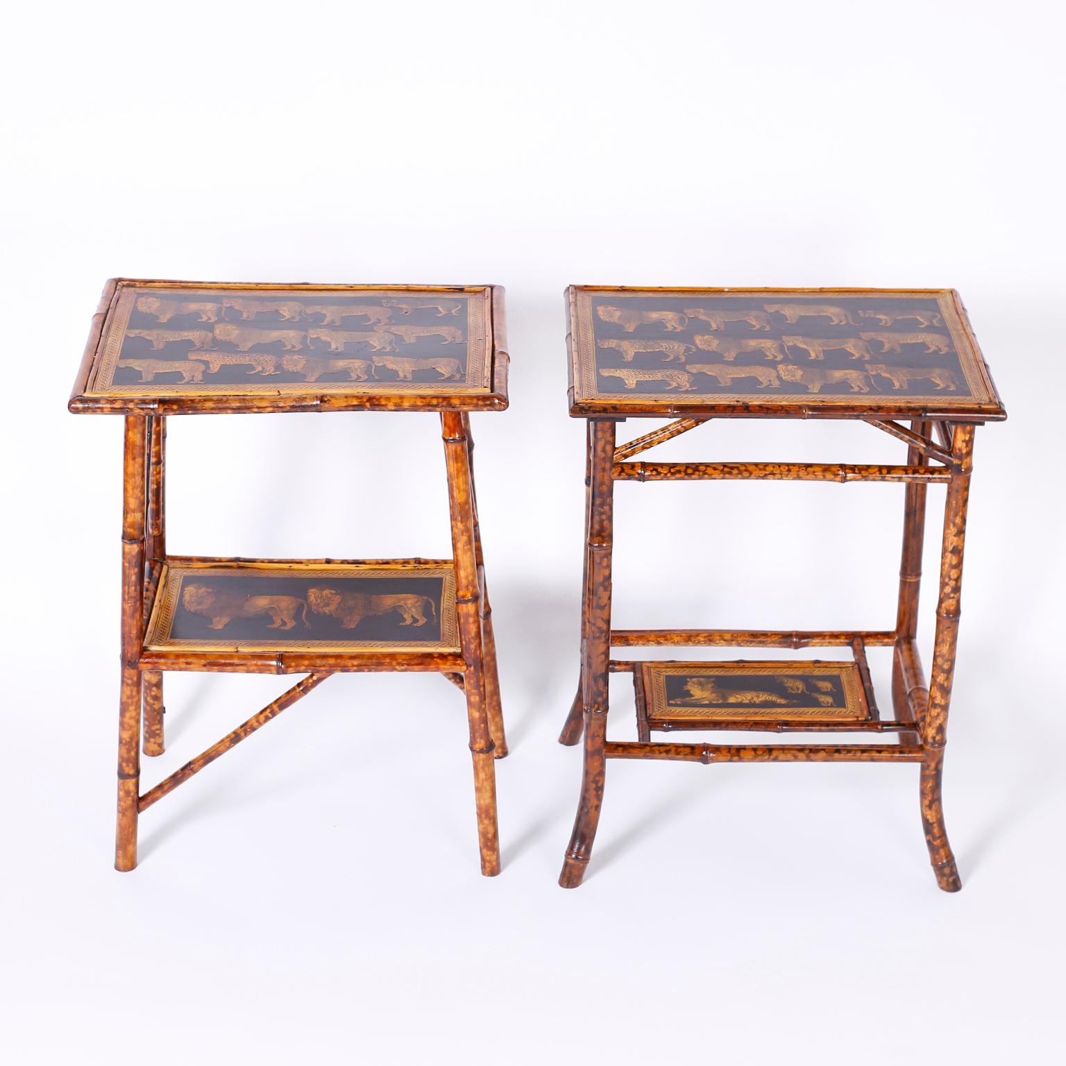 British Colonial Near Pair of Bamboo End Tables with Big Cat Motif