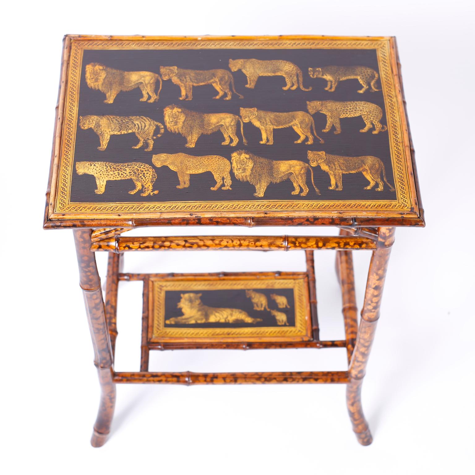 Near Pair of Bamboo End Tables with Big Cat Motif 1