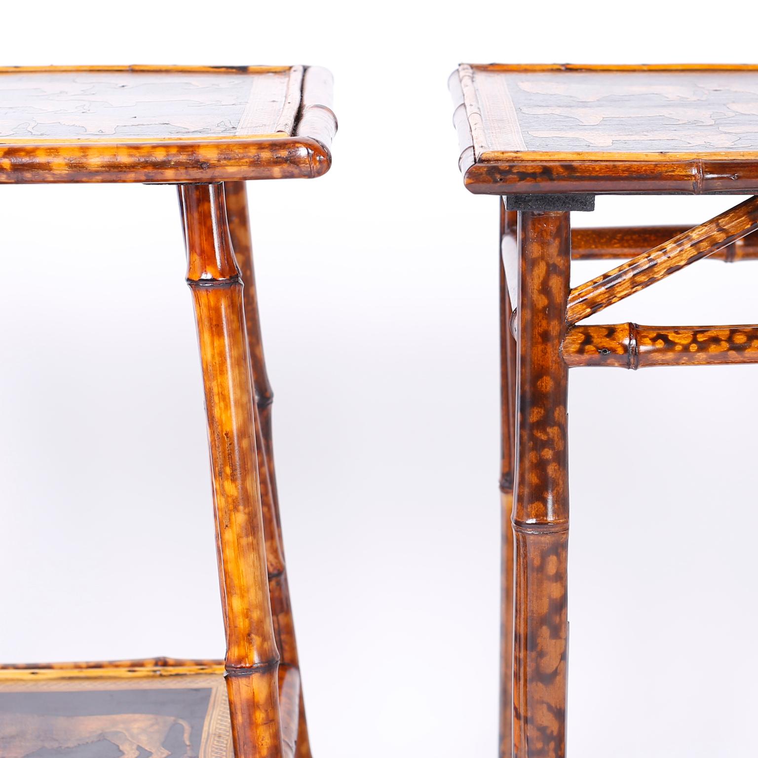 Near Pair of Bamboo End Tables with Big Cat Motif 2