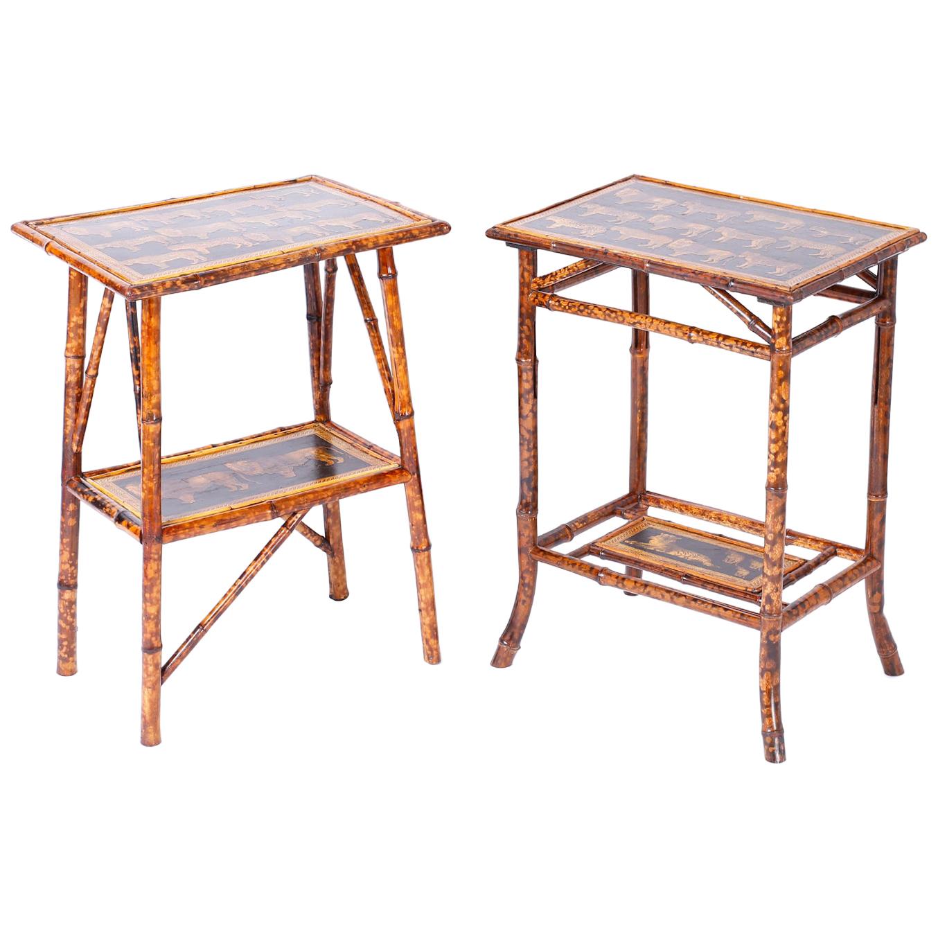Near Pair of Bamboo End Tables with Big Cat Motif