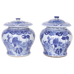 Near Pair of Blue and White Porcelain Lidded Pots