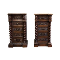 Near Pair of Carved Barley Twist Marble-Top Chests