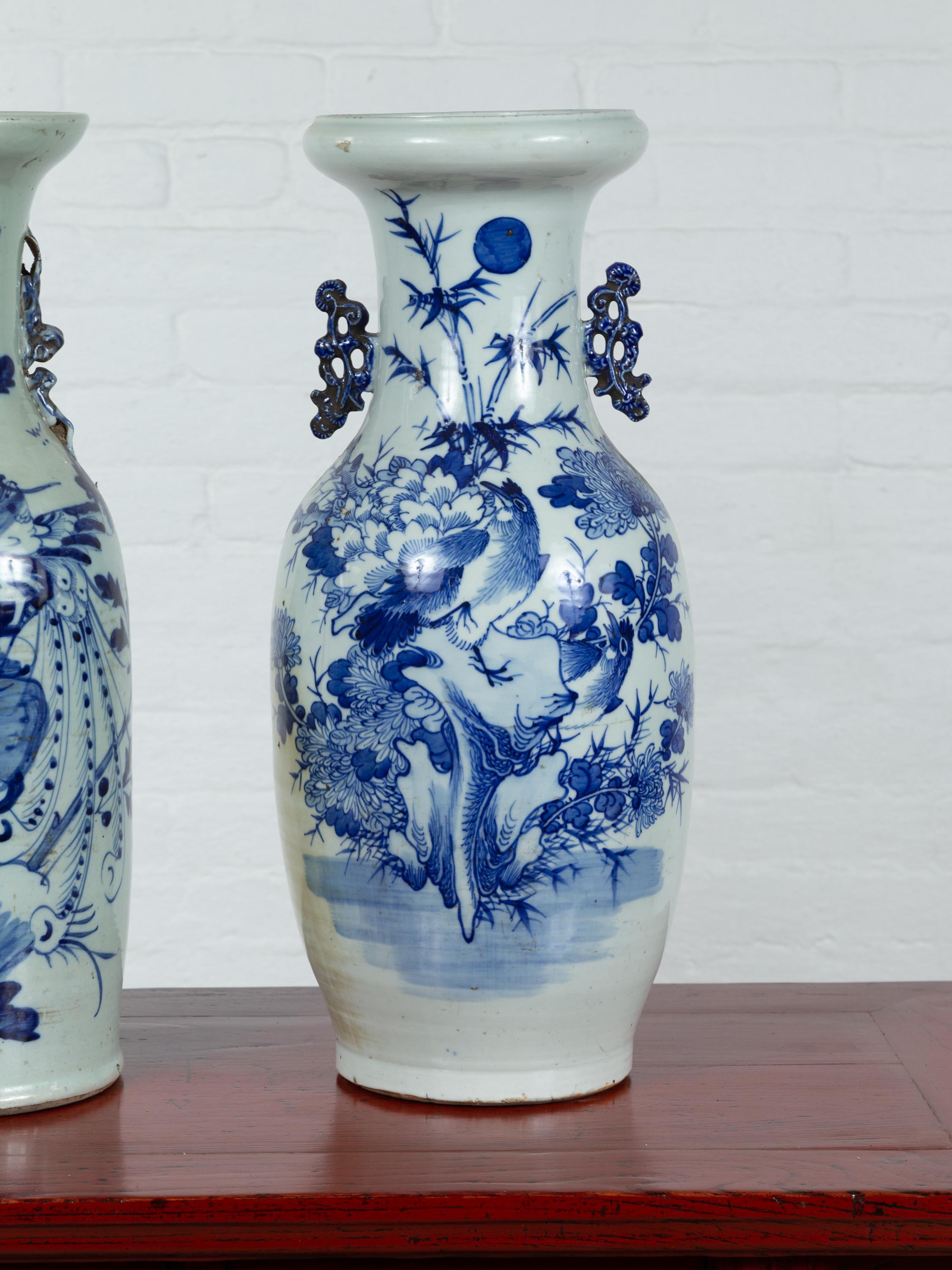 Near Pair of Chinese Antique Blue and White Porcelain Altar Vases In Good Condition In Yonkers, NY