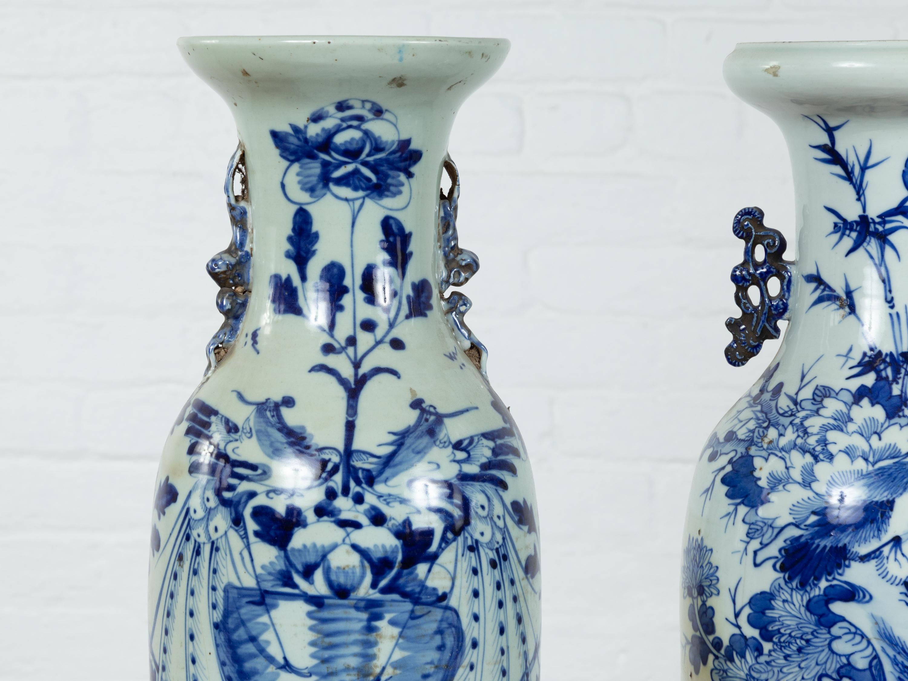 20th Century Near Pair of Chinese Antique Blue and White Porcelain Altar Vases