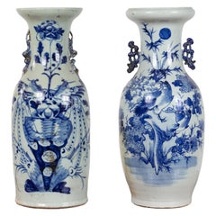 Near Pair of Chinese Antique Blue and White Porcelain Altar Vases