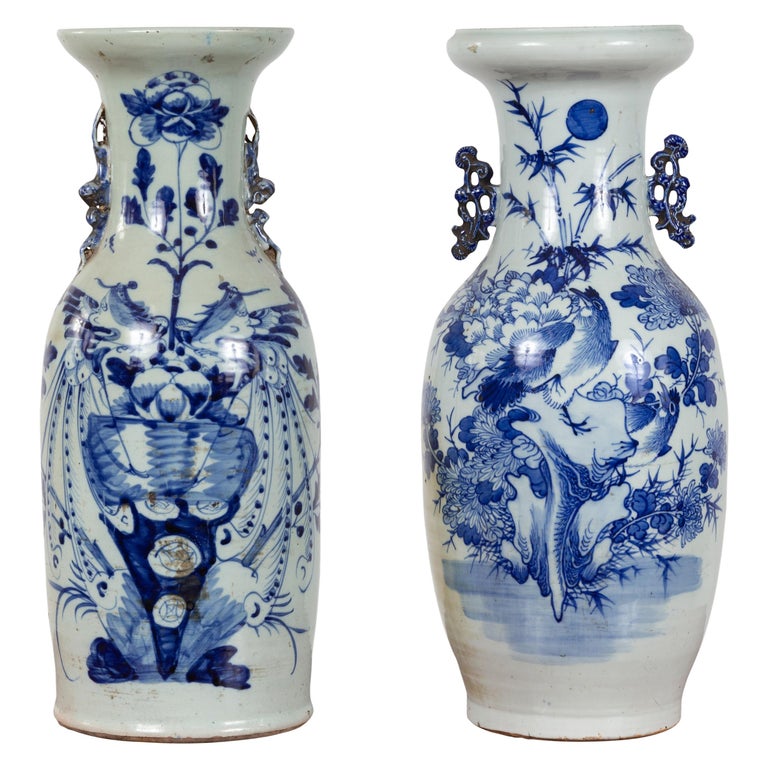 Near Pair of Chinese Antique Blue and White Porcelain Altar Vases For Sale  at 1stDibs
