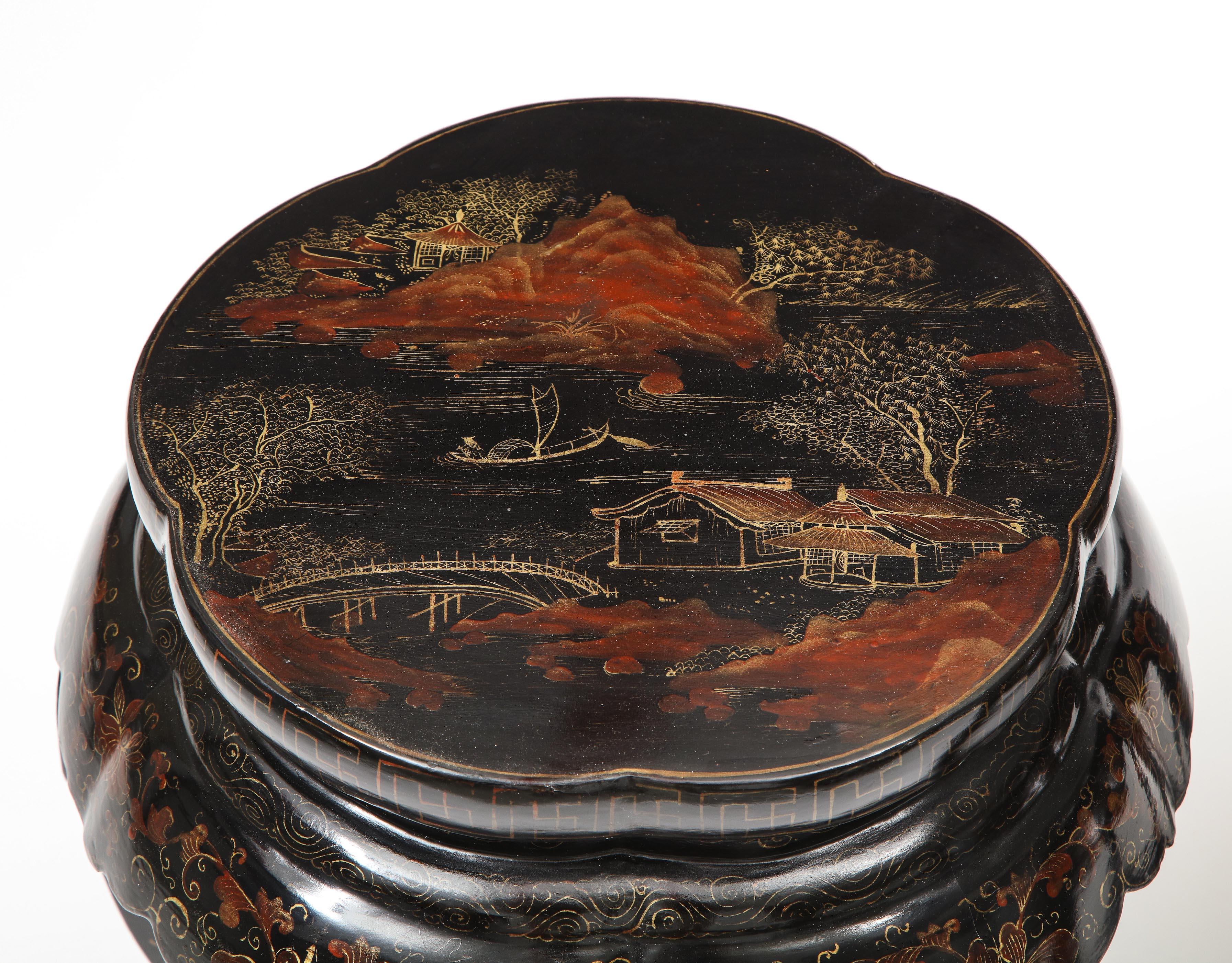 Chinese Export Near Pair of Chinese Black Lacquer and Gilt Garden Seats