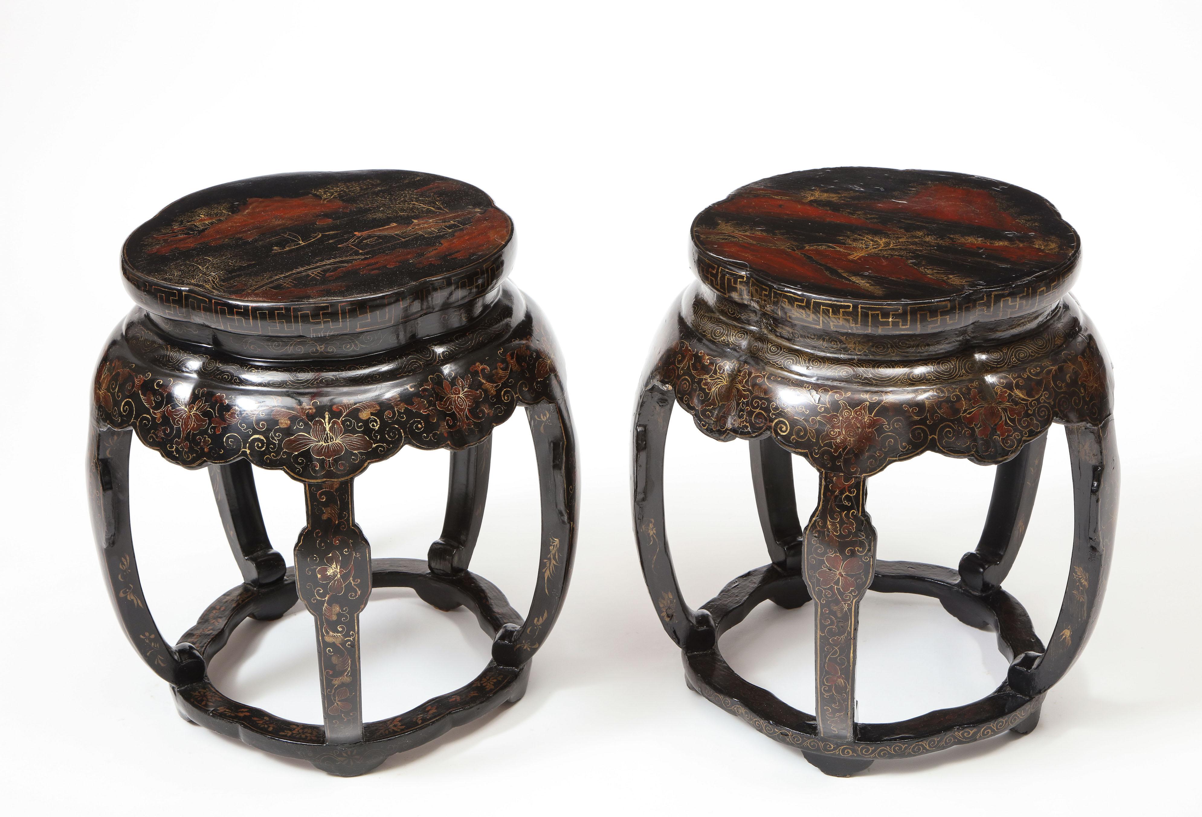 Near Pair of Chinese Black Lacquer and Gilt Garden Seats 1