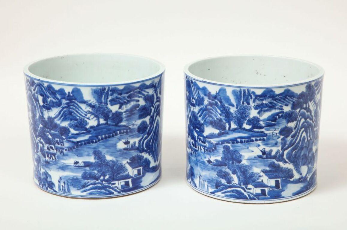 Near Pair of Chinese Blue and White Porcelain Brush Washers For Sale 1