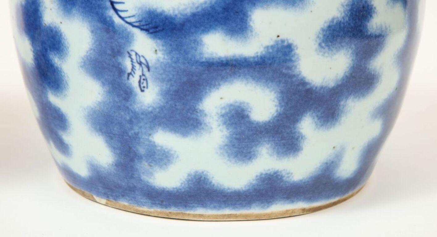 Near Pair of Chinese Blue and White Porcelain Vases Decorated with Dragons For Sale 7