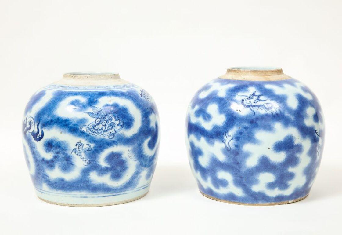Near Pair of Chinese Blue and White Porcelain Vases Decorated with Dragons In Good Condition For Sale In New York, NY