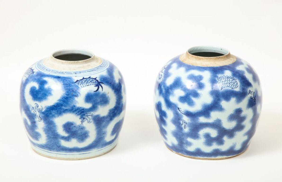 Near Pair of Chinese Blue and White Porcelain Vases Decorated with Dragons For Sale 5