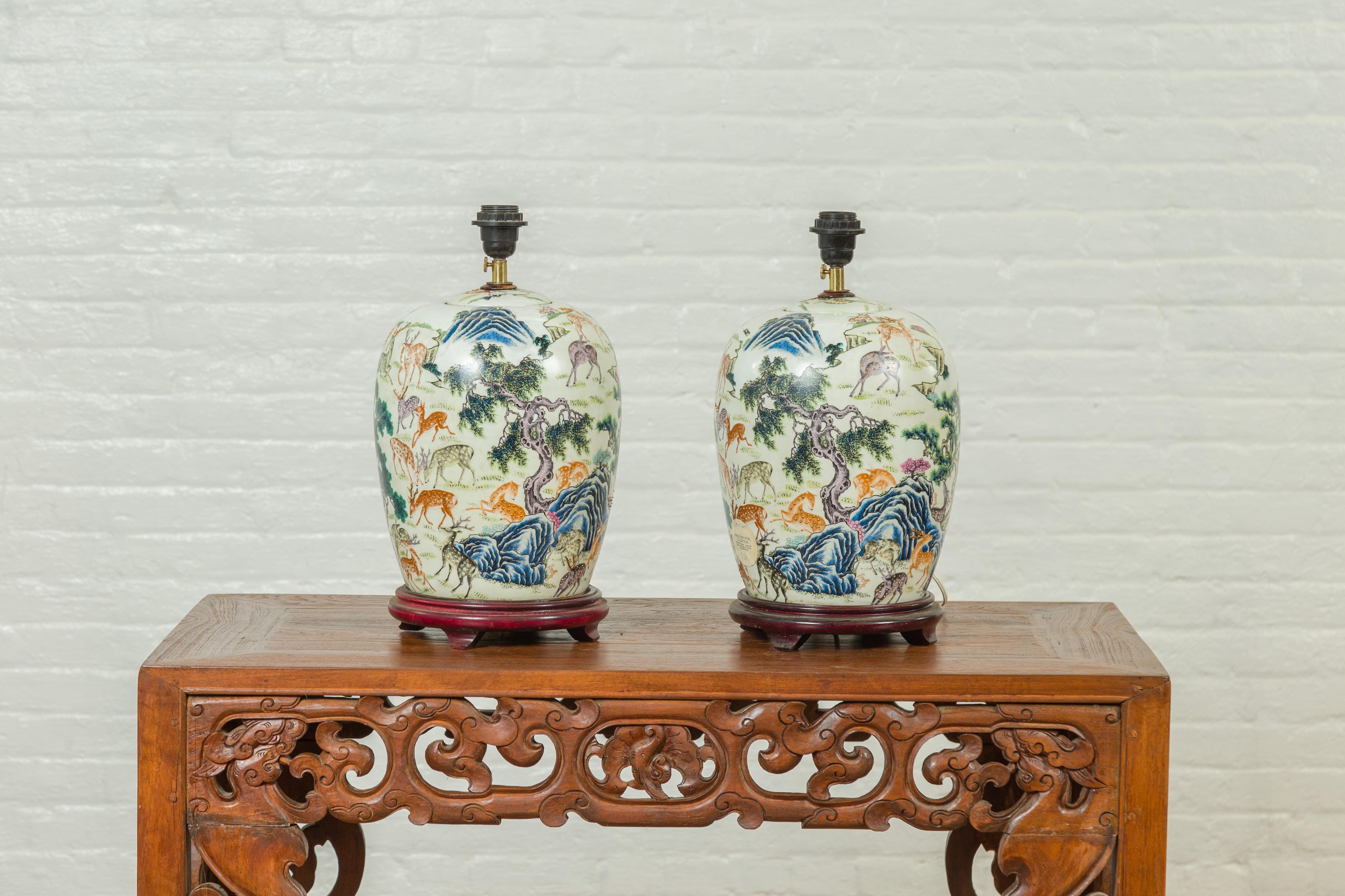Near Pair of Chinese Deer and Mountain Table Lamps with Gilt Highlights 7