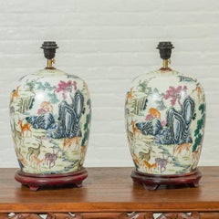 Near Pair of Chinese Deer and Mountain Table Lamps with Gilt Highlights