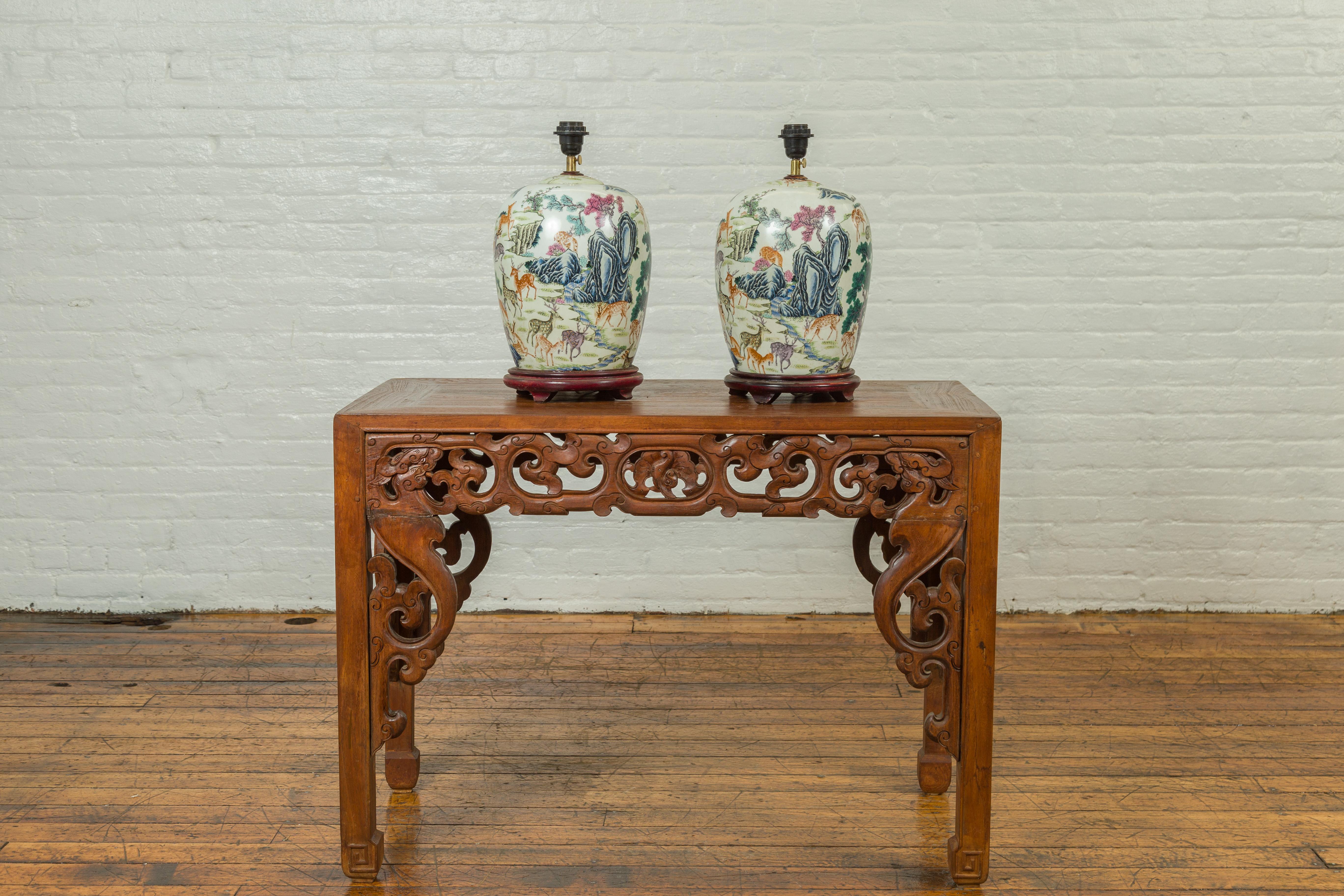 Near Pair of Chinese Deer and Mountain Table Lamps with Gilt Highlights In Good Condition In Yonkers, NY