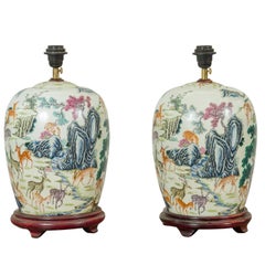 Vintage Near Pair of Chinese Deer and Mountain Table Lamps with Gilt Highlights