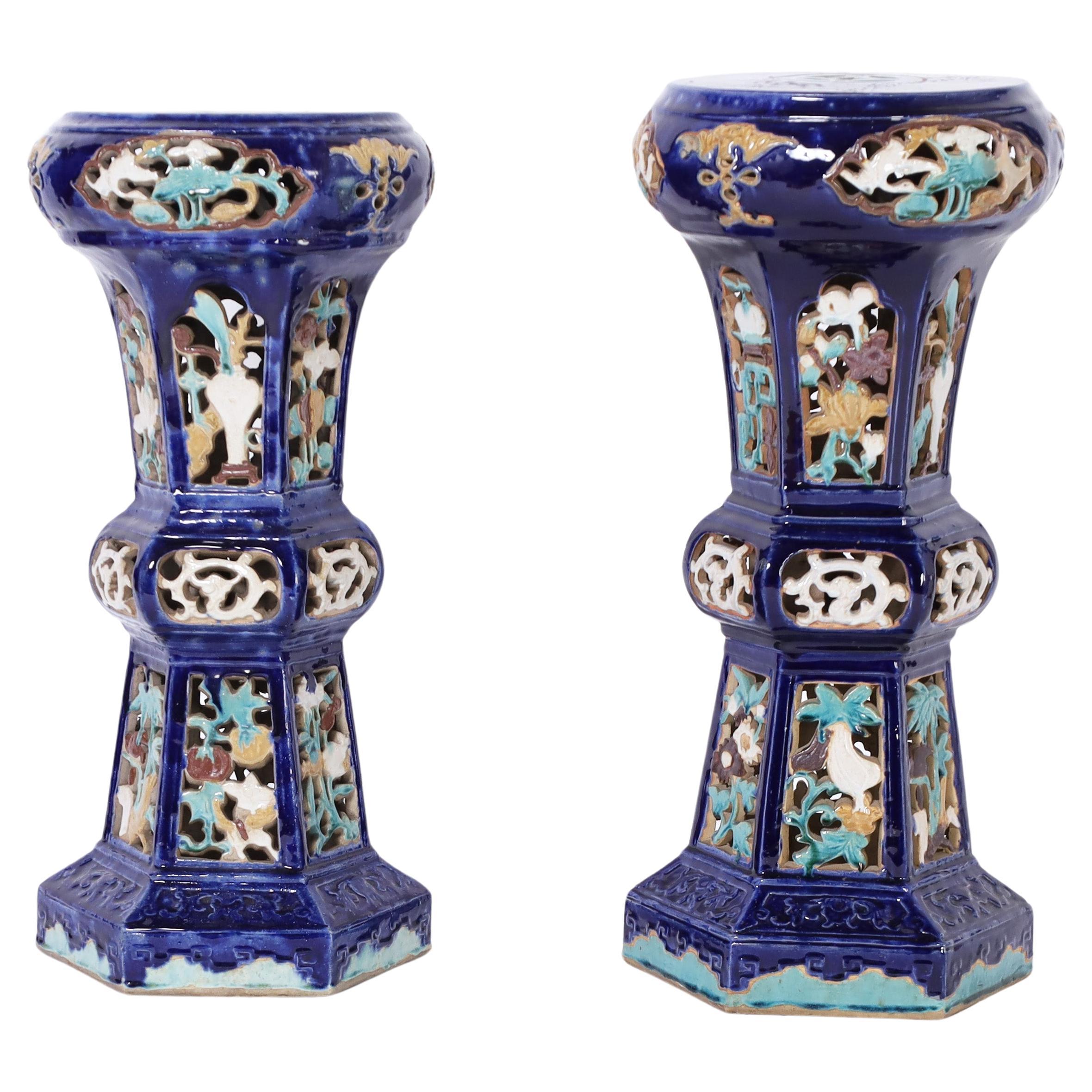 Near Pair of Chinese Glazed Terra Cotta Pedestals For Sale