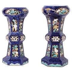 Vintage Near Pair of Chinese Glazed Terra Cotta Pedestals