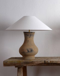 Near Pair of Chinese Han Lamps with Handmade Belgian Linen Shades