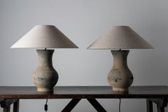 Near Pair of Chinese Han Lamps with Handmade Belgian Linen Shades