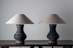 Near Pair of Chinese Han Lamps with Handmade Belgian Linen Shades