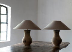 Near Pair of Chinese Han Lamps with Handmade Belgian Linen Shades