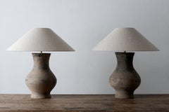 Near Pair of Chinese Han Lamps with Handmade Belgian Linen Shades