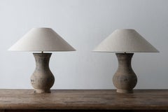 Near Pair of Chinese Han Lamps with Handmade Belgian Linen Shades