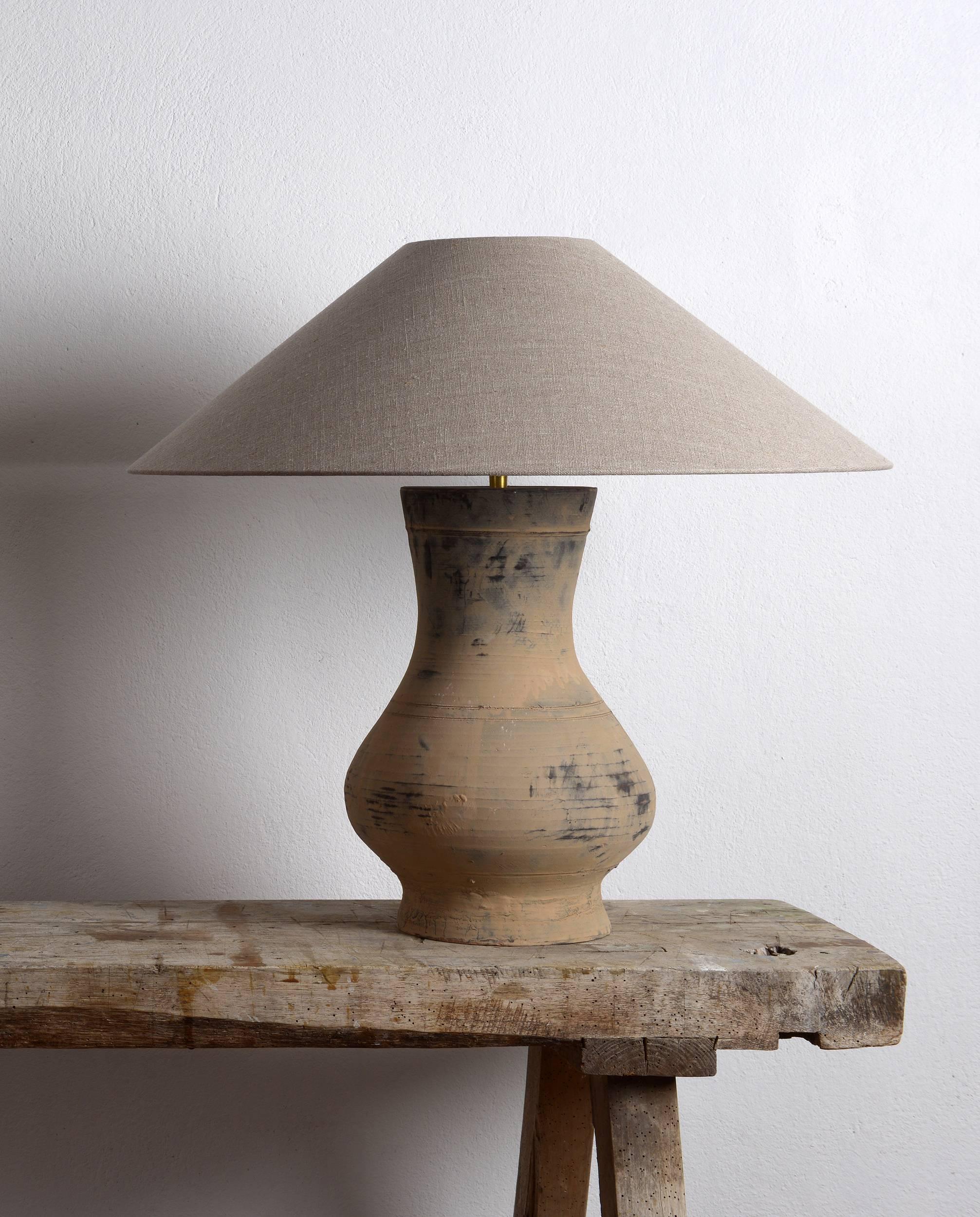 Contemporary Near Pair of Chinese Han Lamps with Handmade Belgian Linen Shades