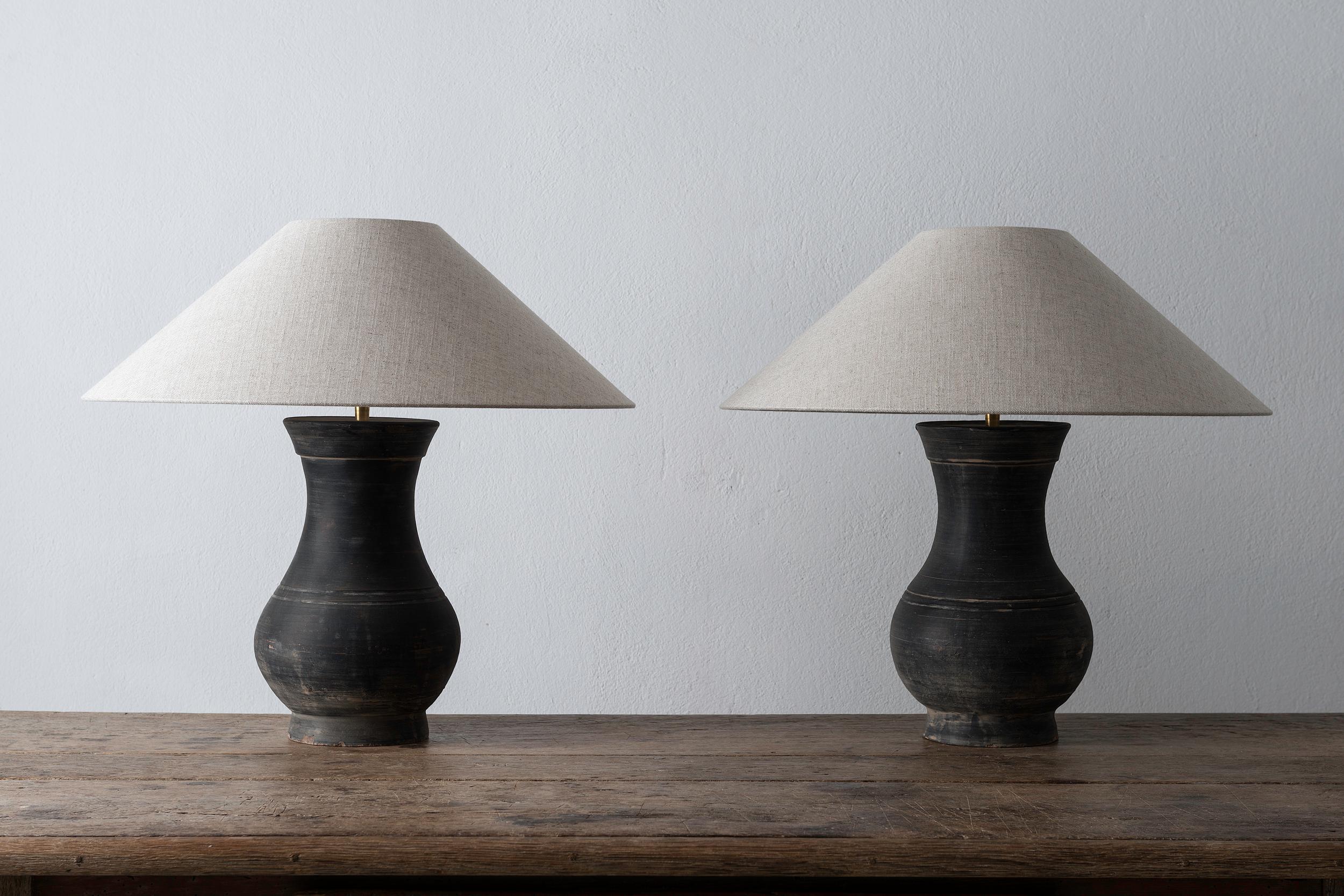 Contemporary Near Pair of Chinese Han Lamps with Handmade Belgian Linen Shades