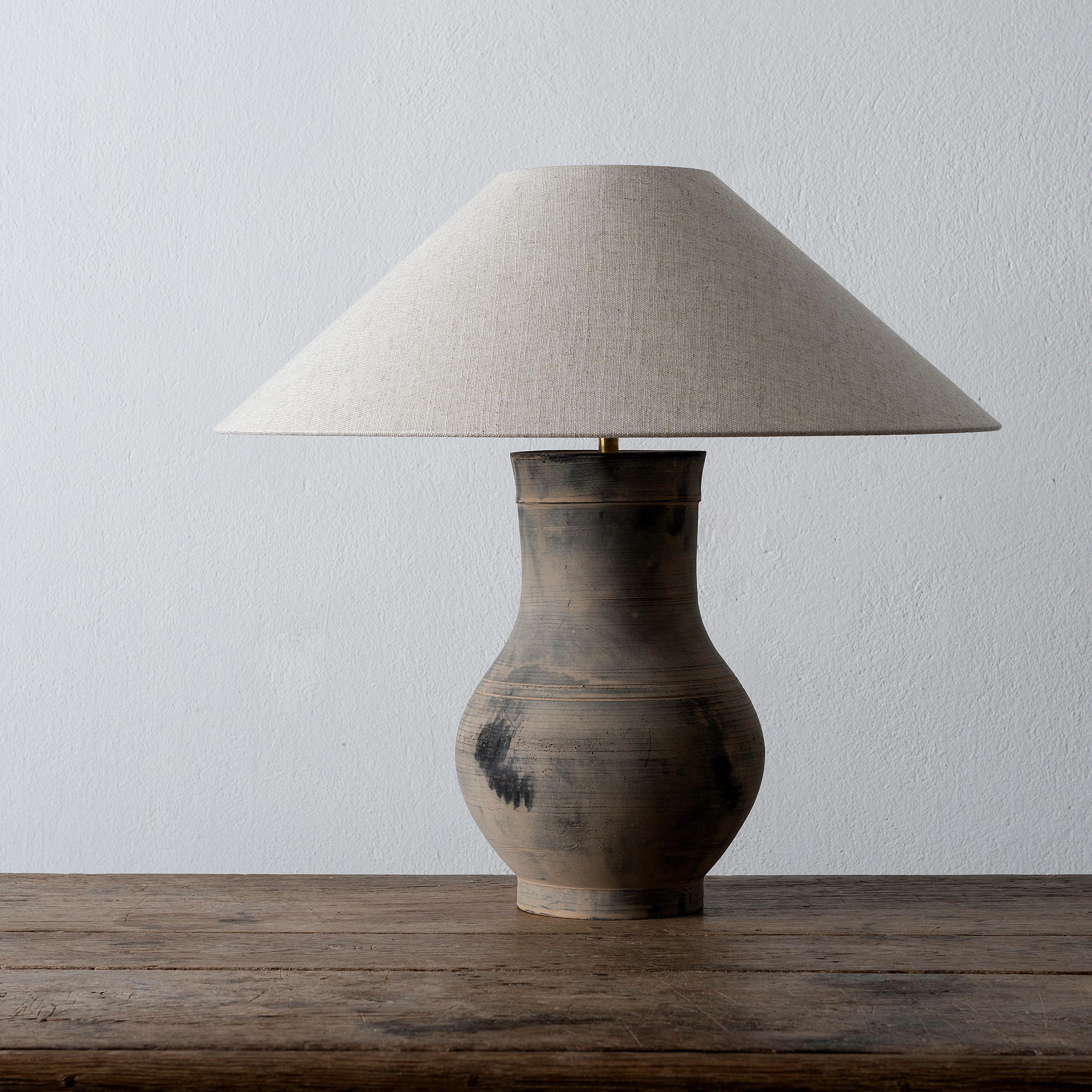 Contemporary Near Pair of Chinese Han Lamps with Handmade Belgian Linen Shades