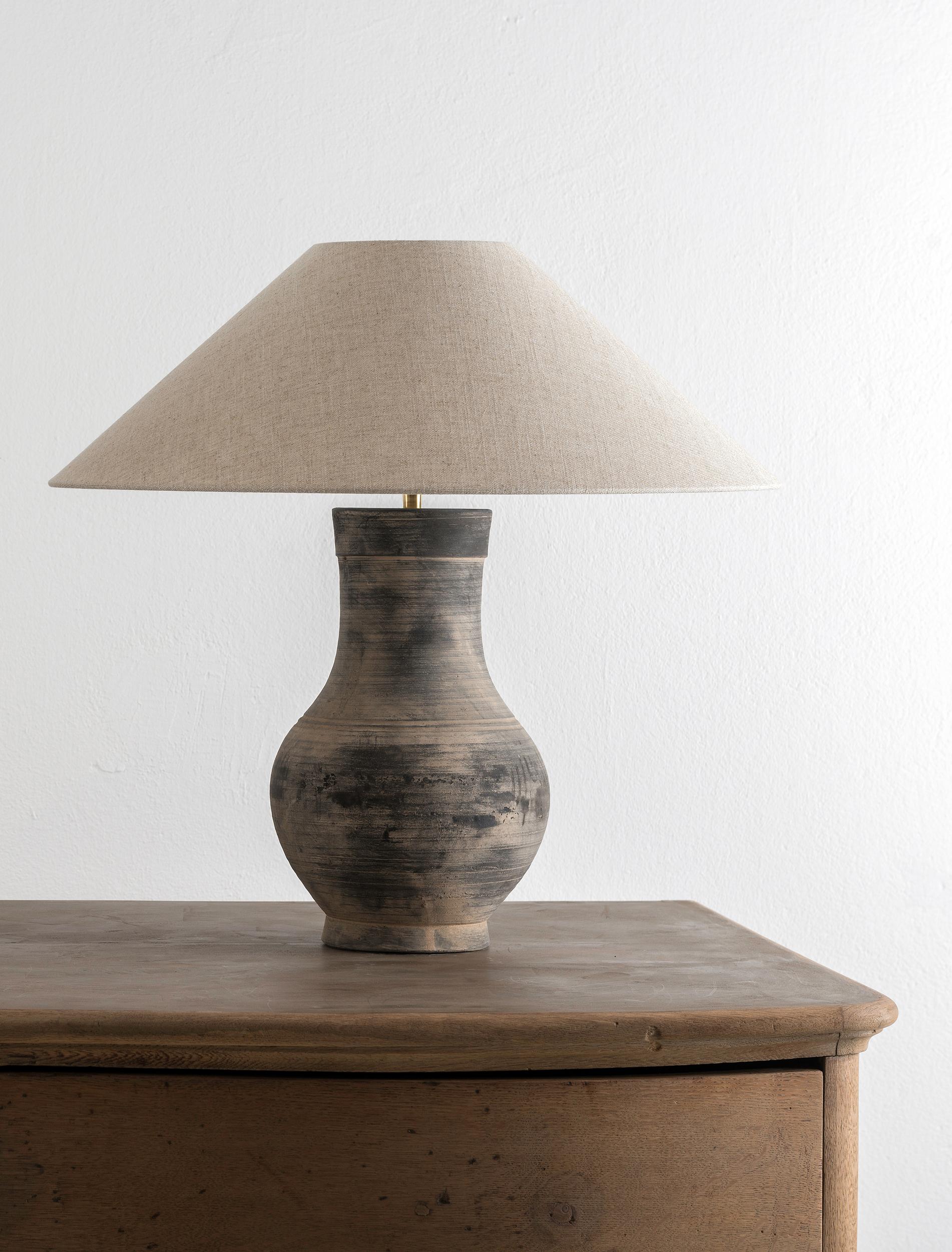 Contemporary Near Pair of Chinese Han Lamps with Handmade Belgian Linen Shades