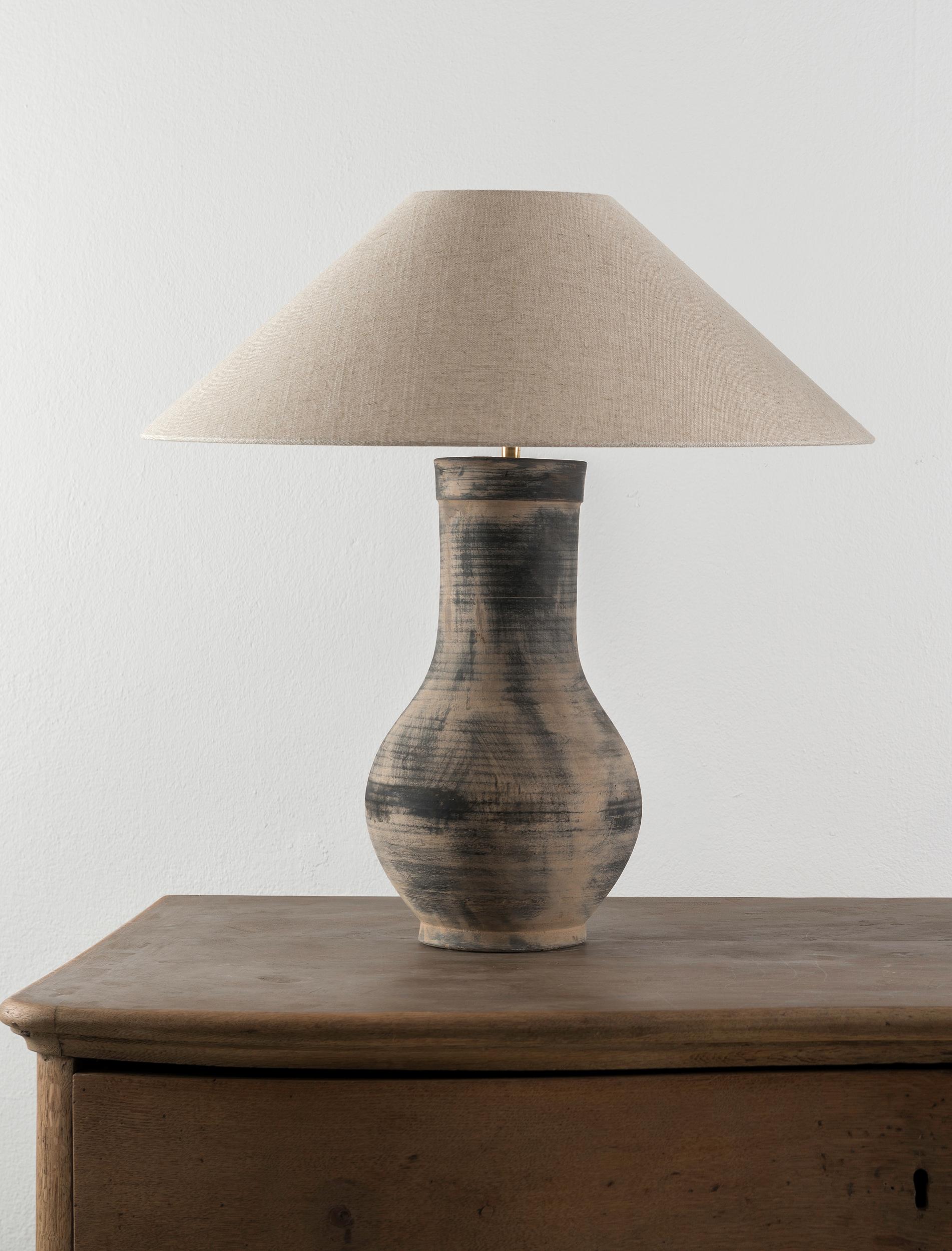 Contemporary Near Pair of Chinese Han Lamps with Handmade Belgian Linen Shades