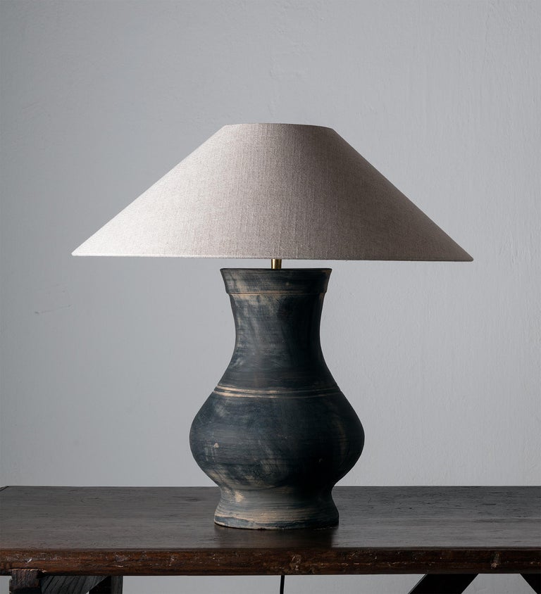Near Pair of Chinese Han Lamps with Handmade Belgian Linen ...
